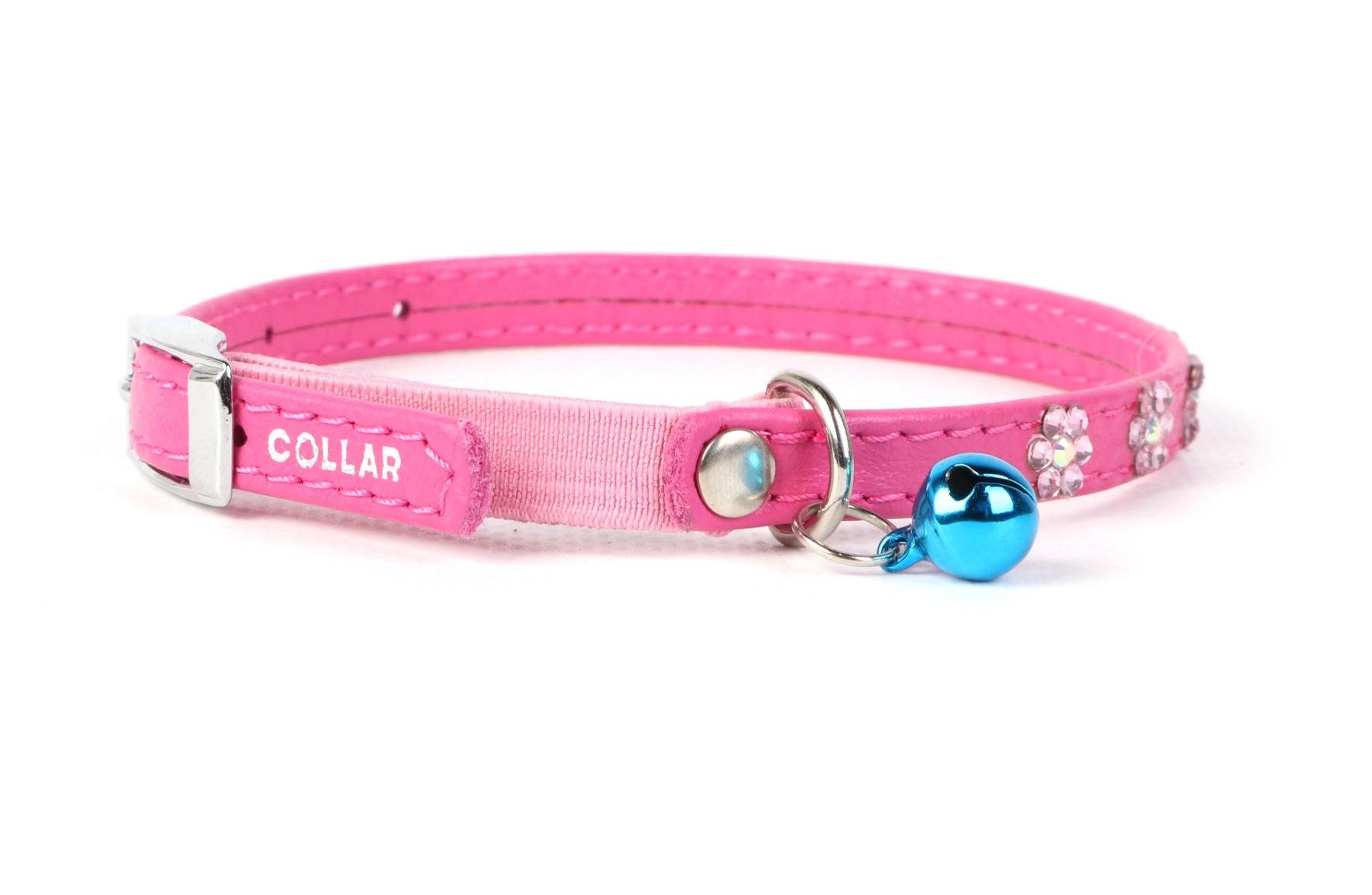 Wau Dog Ошейник CoLLaR GLAMOUR с резинкой, стразами Цветочек для кошек (ширина9мм, длина 22-30см) розовый