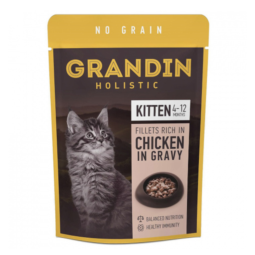 Grandin Влажный корм для котят, кусочки с курицей в соусе без злаков, 85 гр.