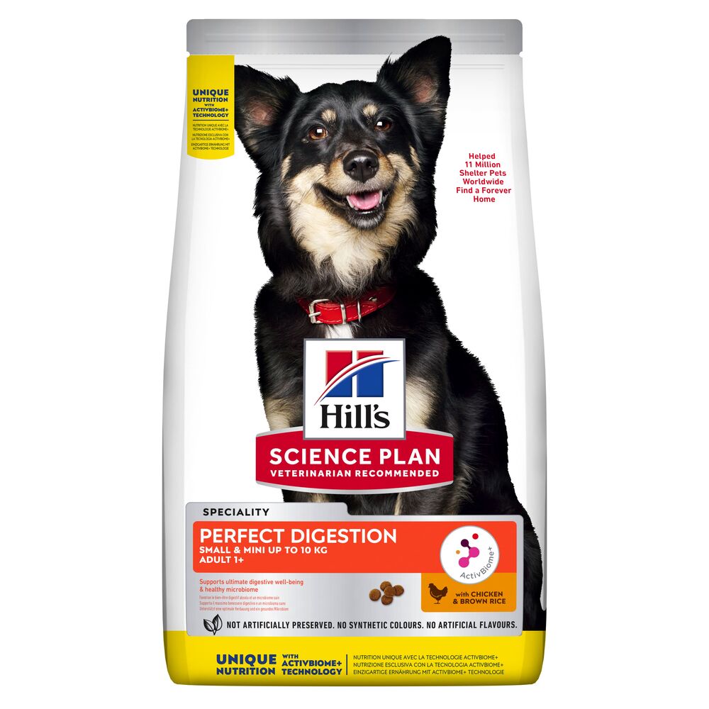 Hill's Science Plan Perfect Digestion Сухой корм для взрослых собак мелких пород для поддержания здоровья пищеварения и питания микробиома, с курицей и коричневым рисом, 1.5 кг