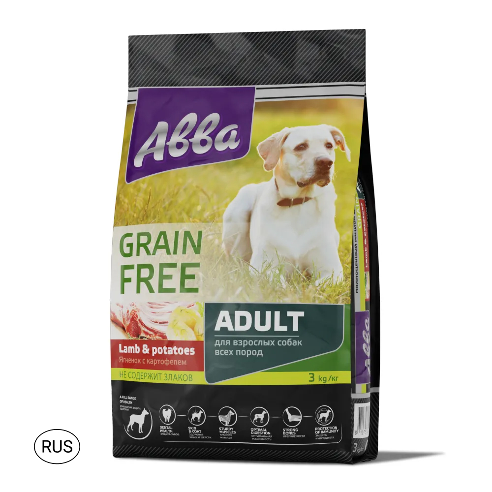 Aвва Grain Free Сухой корм беззерновой для взрослых собак всех пород, с ягнёнком и картофелем, 3 кг