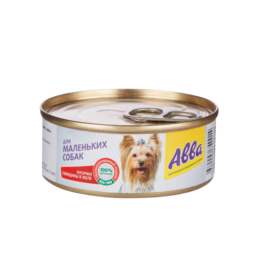 Aвва Влажный корм (консервы) для собак мелких пород, с кусочками говядины в желе, 100 гр.