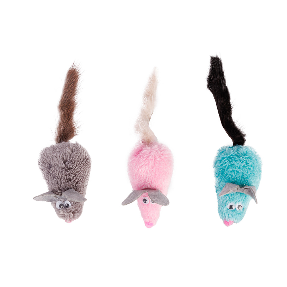 Pet Hobby Набор из 3-х мышек с норковыми хвостами для кошек, разноцветные