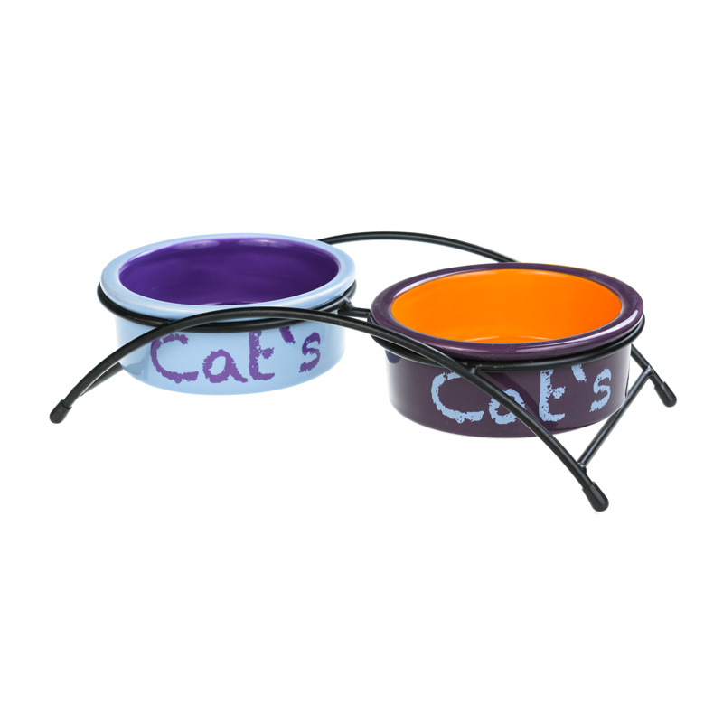Petmax Миска для кошек двойная на подставке 2*300мл 12см синяя/оранжевая керамика