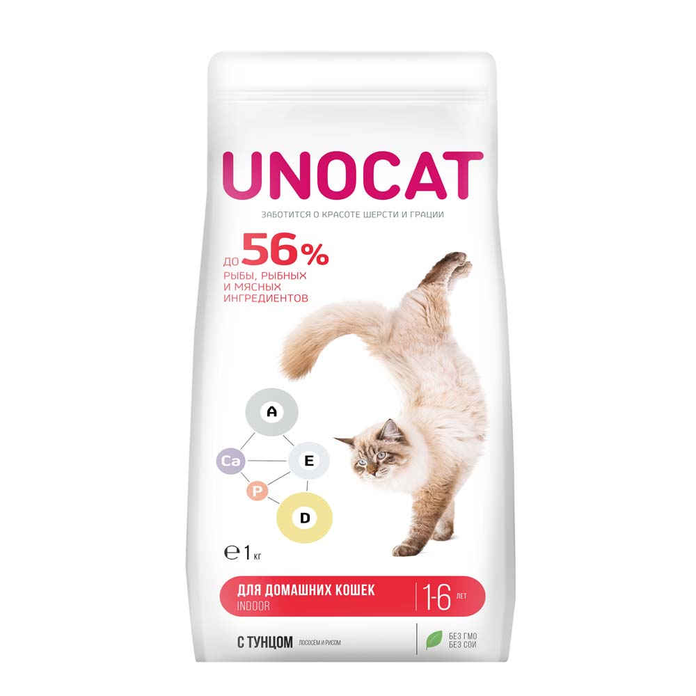 UnoCat Корм сухой для взрослых домашних кошек с тунцом, лососем и рисом, 1 кг