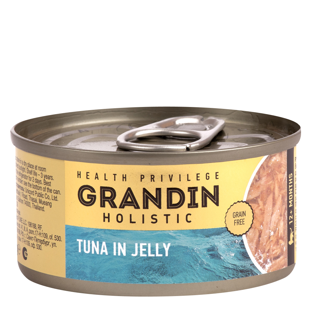 Grandin Влажный корм (консервы) для взрослых кошек, филе тунца в желе, 80 гр.