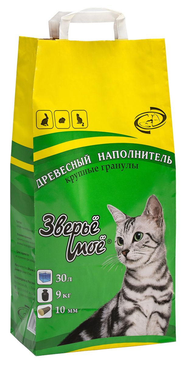 Зверье мое Наполнитель для кошачьего туалета, древесный, впитывающий, крупные гранулы, 30 л