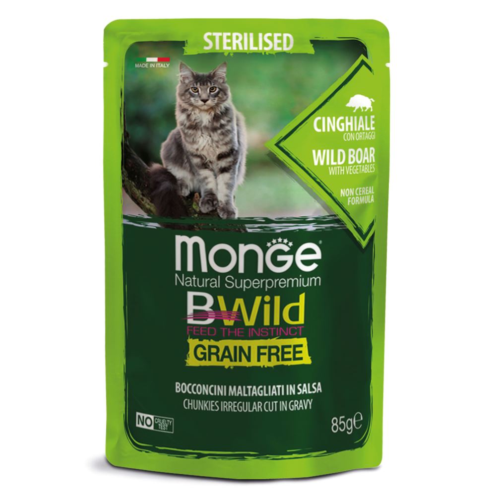 

Monge Cat BWild GRAIN FREE пауч из мяса дикого кабана с овощами длястерилизованных кошек 85г