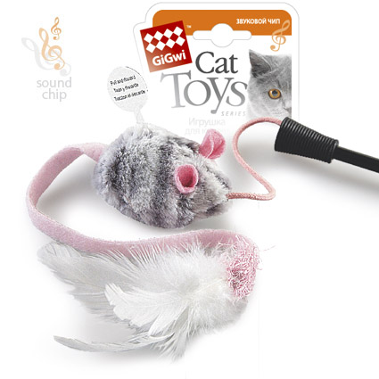 GiGwi Игрушка для кошек Дразнилка с музыкальным чипом на стеке Мышка пластик/перо 51 см
