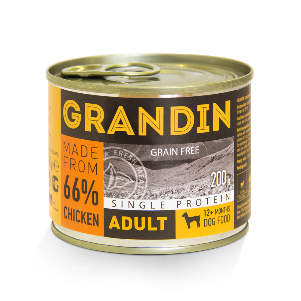 Grandin Adult Влажный корм (консервы) для взрослых собак всех пород, с курицей и льняным маслом, 400 гр. 