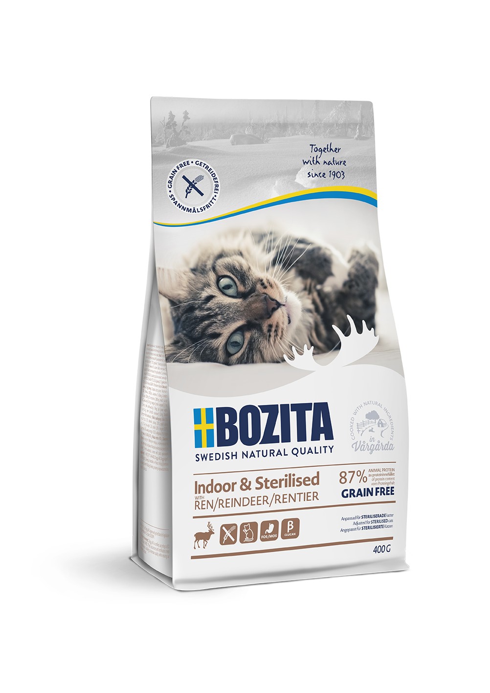 Bozita Indoor & Sterilized GF Reindeer сухой беззерновой корм с олениной для домашних стерилизованных кошек, 400г