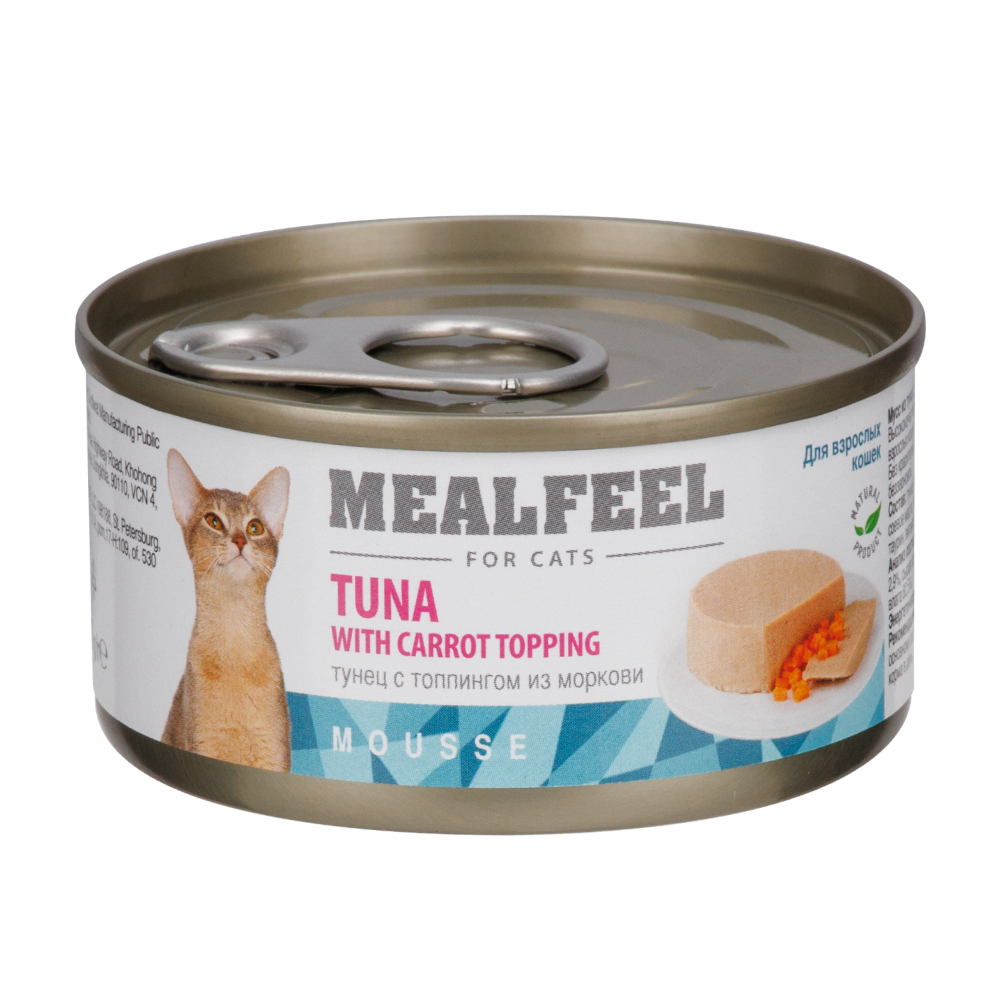 Mealfeel Влажный корм (консервы) для кошек, мусс из тунца с топпингом из моркови, 85 гр.