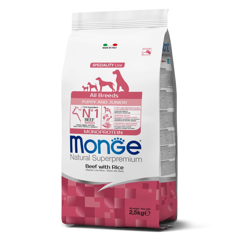 Monge Monoprotein Puppy<(>&<)>Junior Сухой корм для щенков всех пород изговядины срисом, 2,5 кг