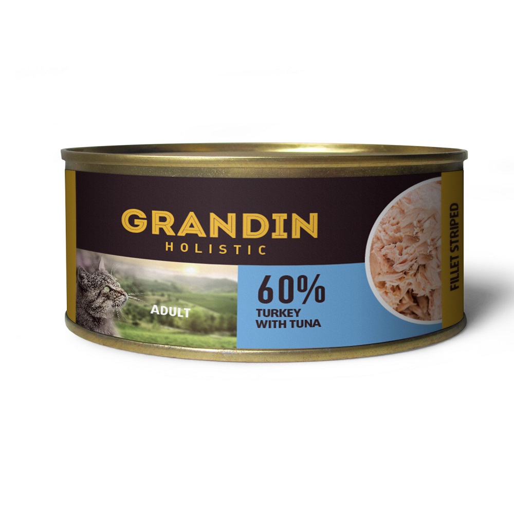 Grandin консервированный корм для взрослых кошек, филе индейки с тунцом, 70 г