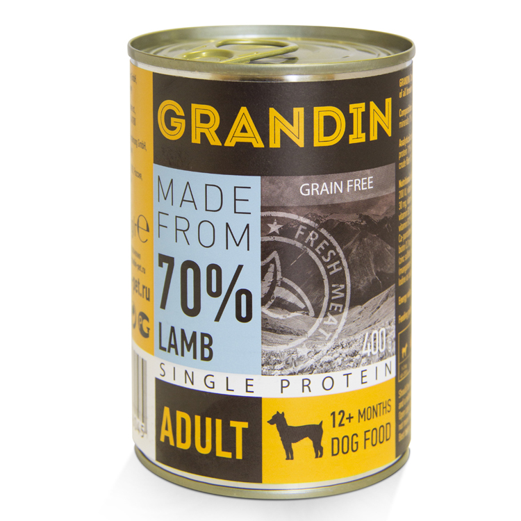 Grandin Adult Влажный корм (консервы) для взрослых собак всех пород, с ягненком и льняным маслом, 400 гр.