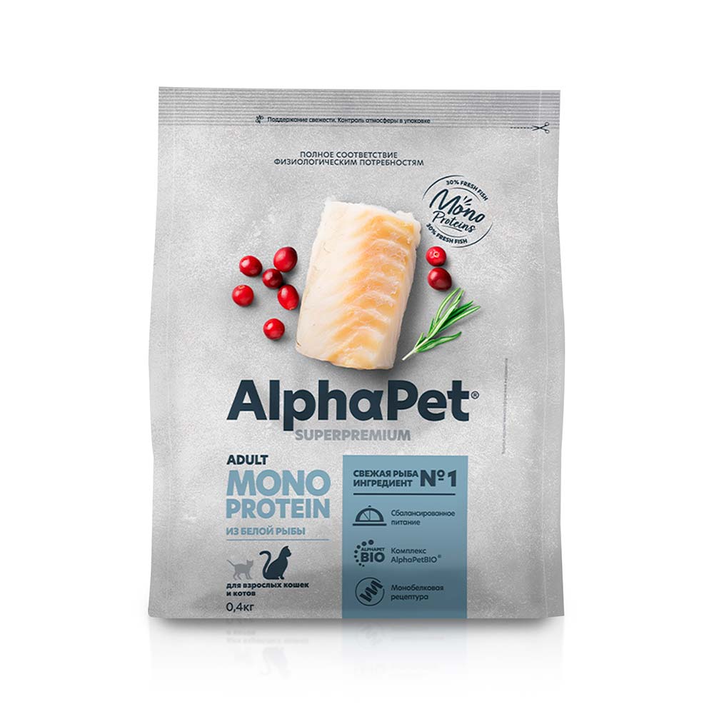 AlphaPet Abult Monoprotein Сухой корм для взрослых кошек, с белой рыбой, 400 гр.