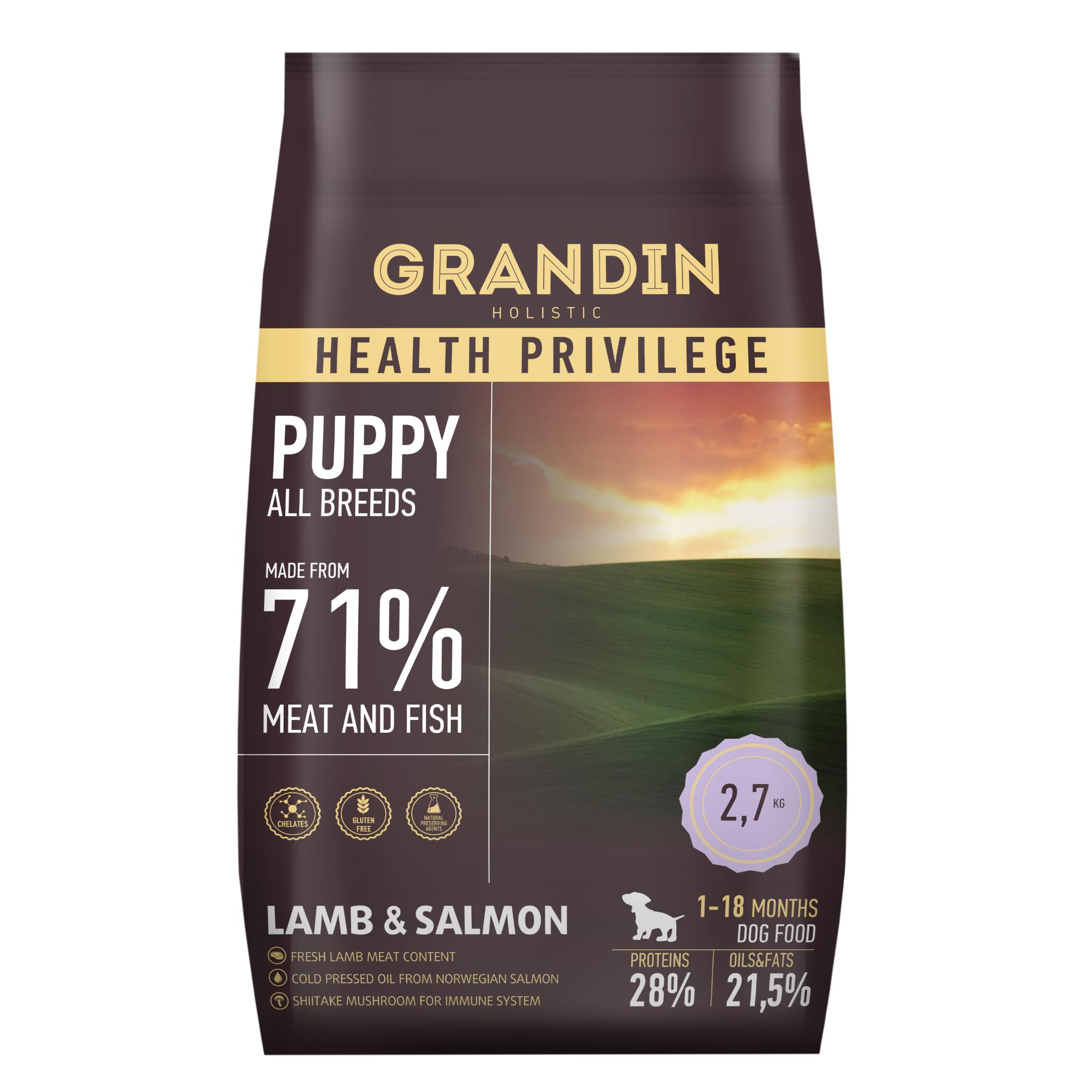 Grandin Puppy all breeds lamb & salmon сухой корм для щенков, с ягненком и лососем, 2,7кг