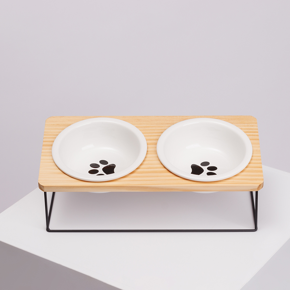 Rurri Набор из 2-х керамических мисок на деревянной подставке для кошек и собак, 14,2x5,5 см, белый