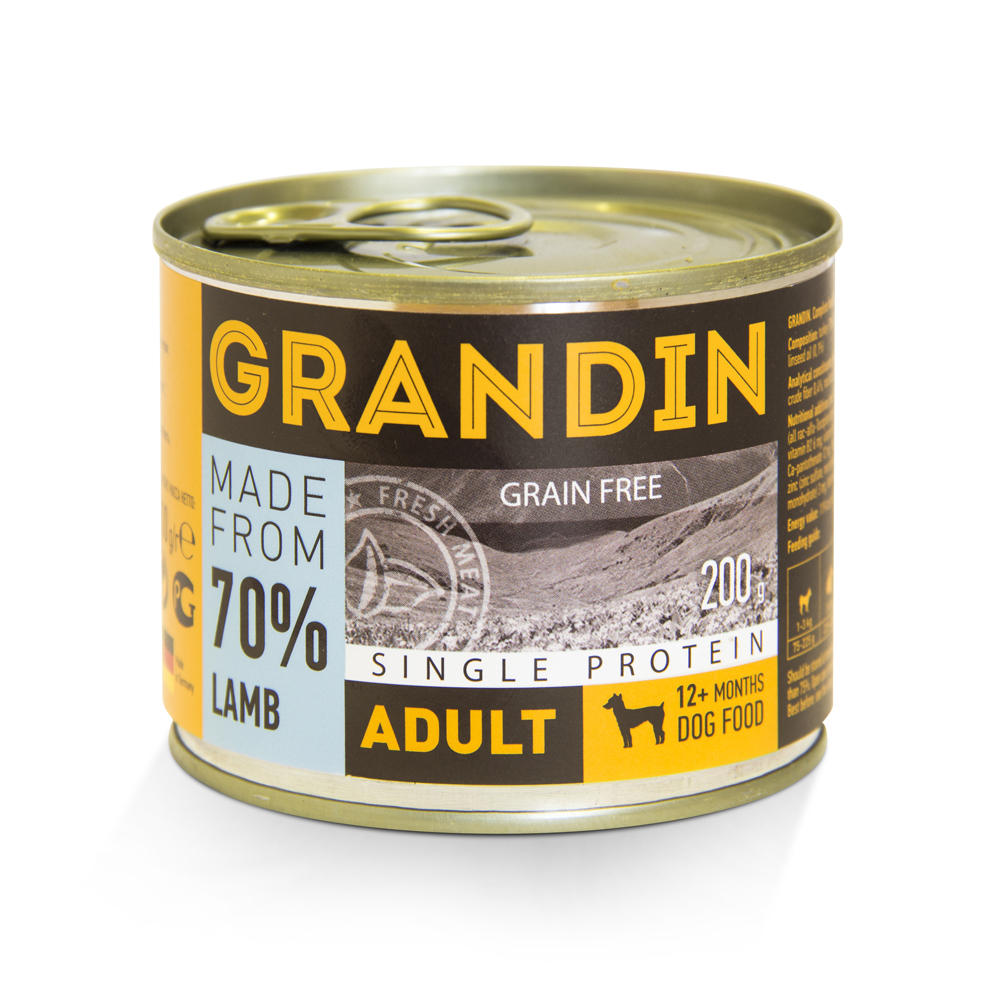 Grandin Adult Влажный корм (консервы) для взрослых собак всех пород, с ягненком и льняным маслом, 400 гр. 