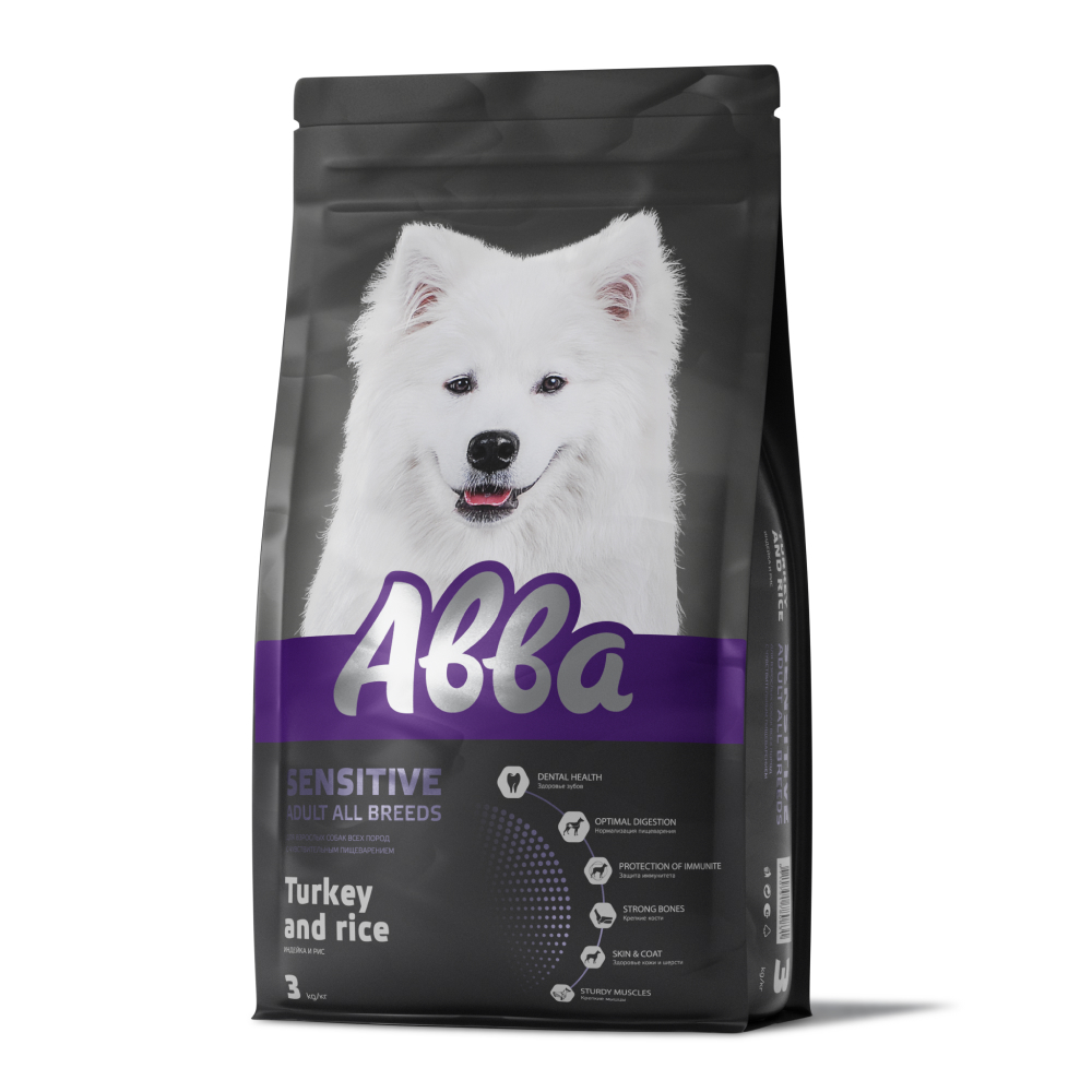Aвва Premium Sensitive Adult All Breeds Сухой корм для взрослых собак всех пород с чувствительным пищеварением, индейка и рис, 3 кг