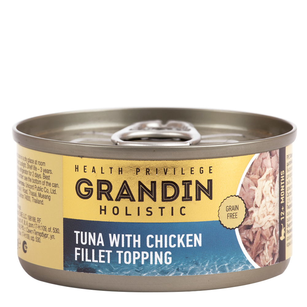 Grandin Влажный корм (консервы) для взрослых кошек, филе тунца с топпингом из филе цыпленка, 80 гр.