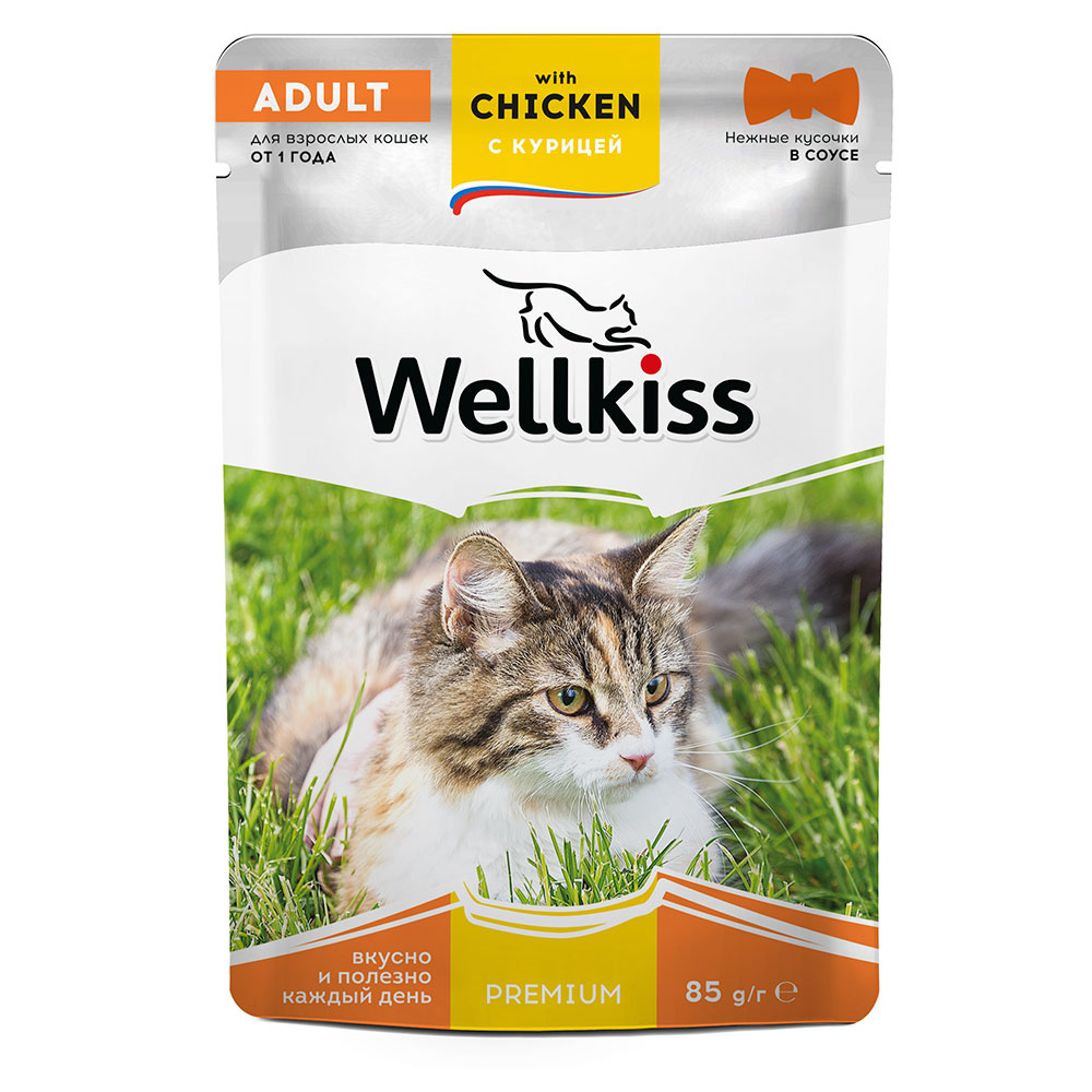 Wellkiss Adult Влажный корм (пауч) для взрослых кошек, с курицей в соусе, 85 гр.