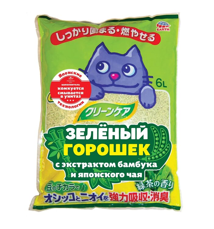 Japan Premium Pet Наполнитель комкующийся зеленый горошек с экстрактом бамбука и японскогочая, 6л