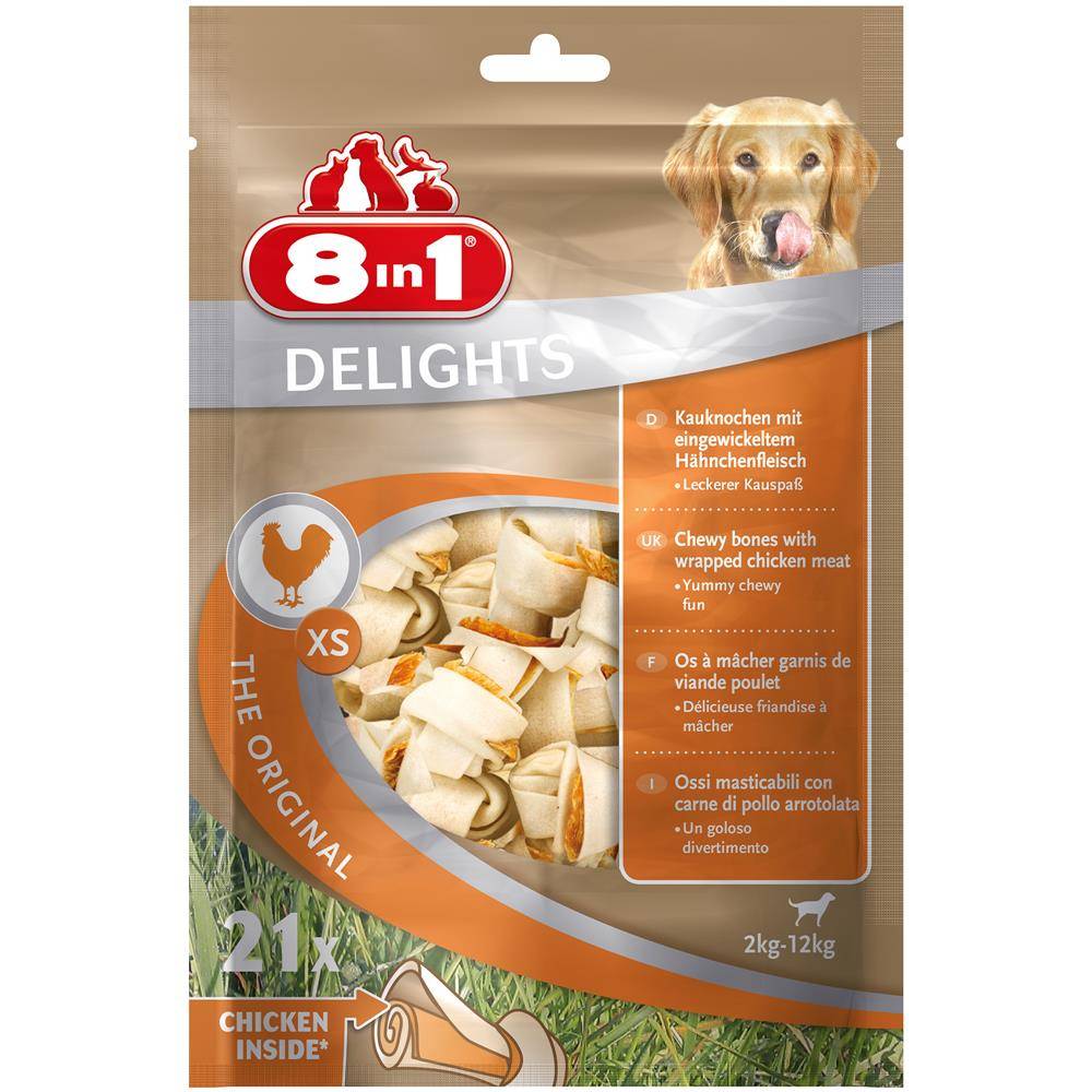 8in1 Лакомство DELIGHTS косточки с куриным мясом для мелких собак 7,5 см 21шт (пакет)