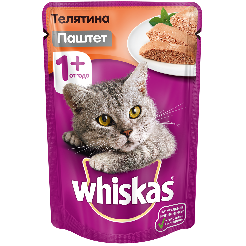 

Whiskas Влажный корм для кошек старше 1 года, паштет с телятиной, 85г