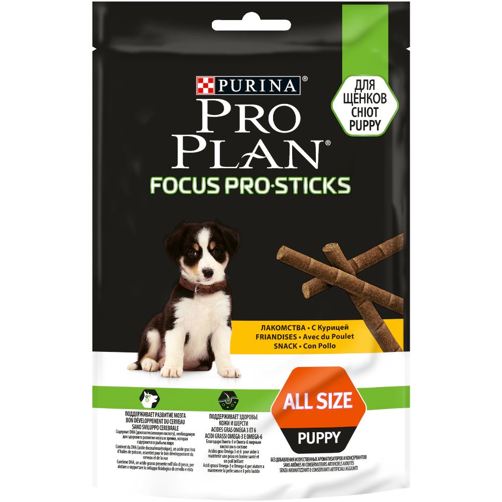 

Pro Plan ® Focus PRO Sticks лакомство Палочки для поддержания развития мозга у щенков, с курицей, 126 г