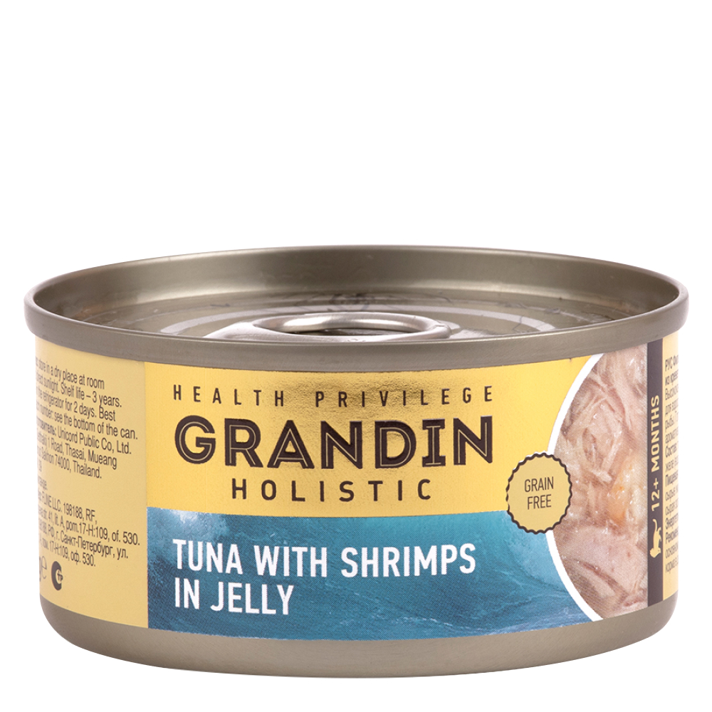Grandin Влажный корм (консервы) для взрослых кошек, филе тунца с топпингом из креветок в желе, 80 гр.