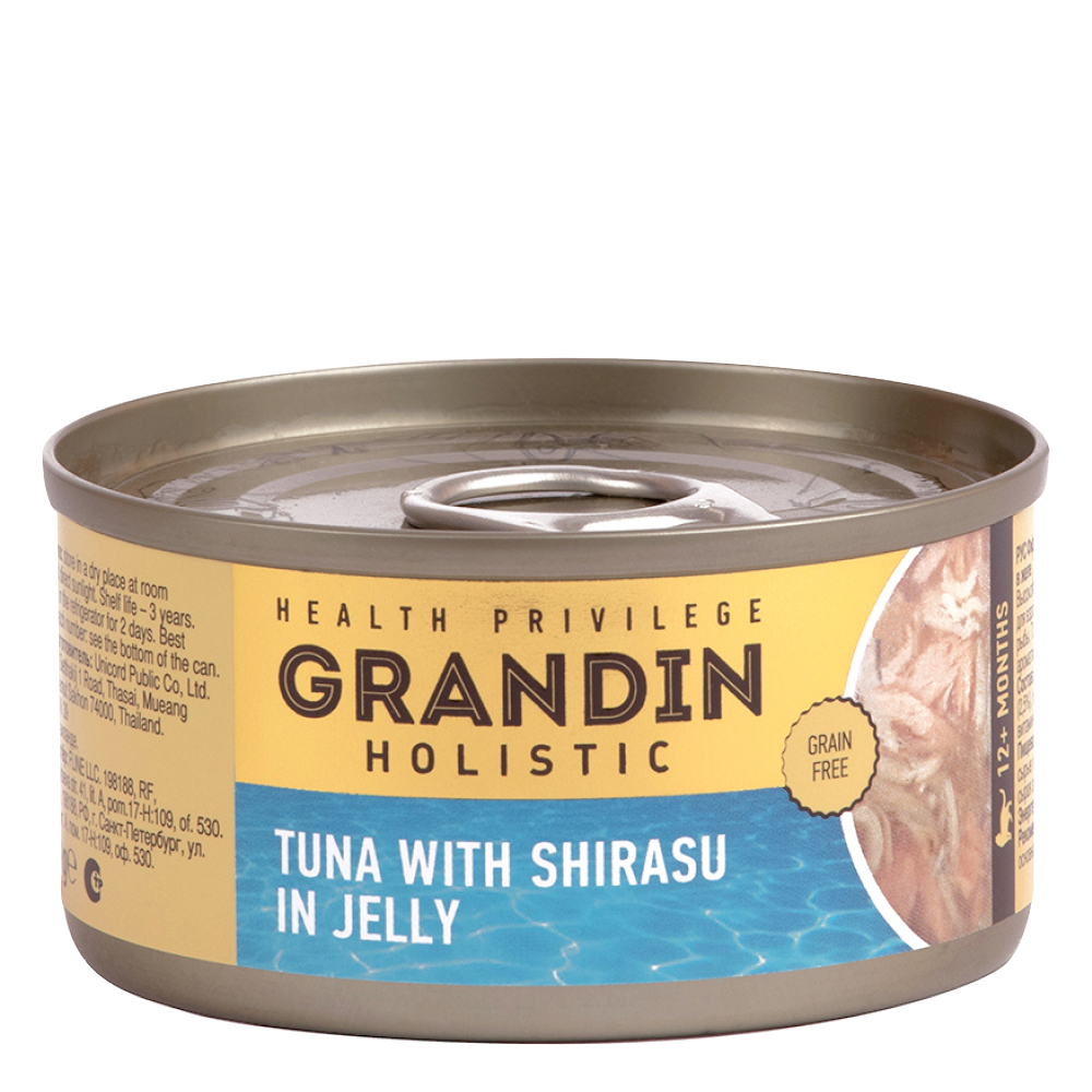 Grandin Влажный корм (консервы) для взрослых кошек, филе тунца с топпингом из рыбы ширасу в желе, 80 гр.