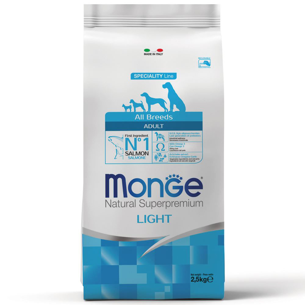 

Monge All Breeds Adult Light корм для взрослых собак всех пород, склонных к набору избыточного веса, с лососем и рисом, 2,5 кг