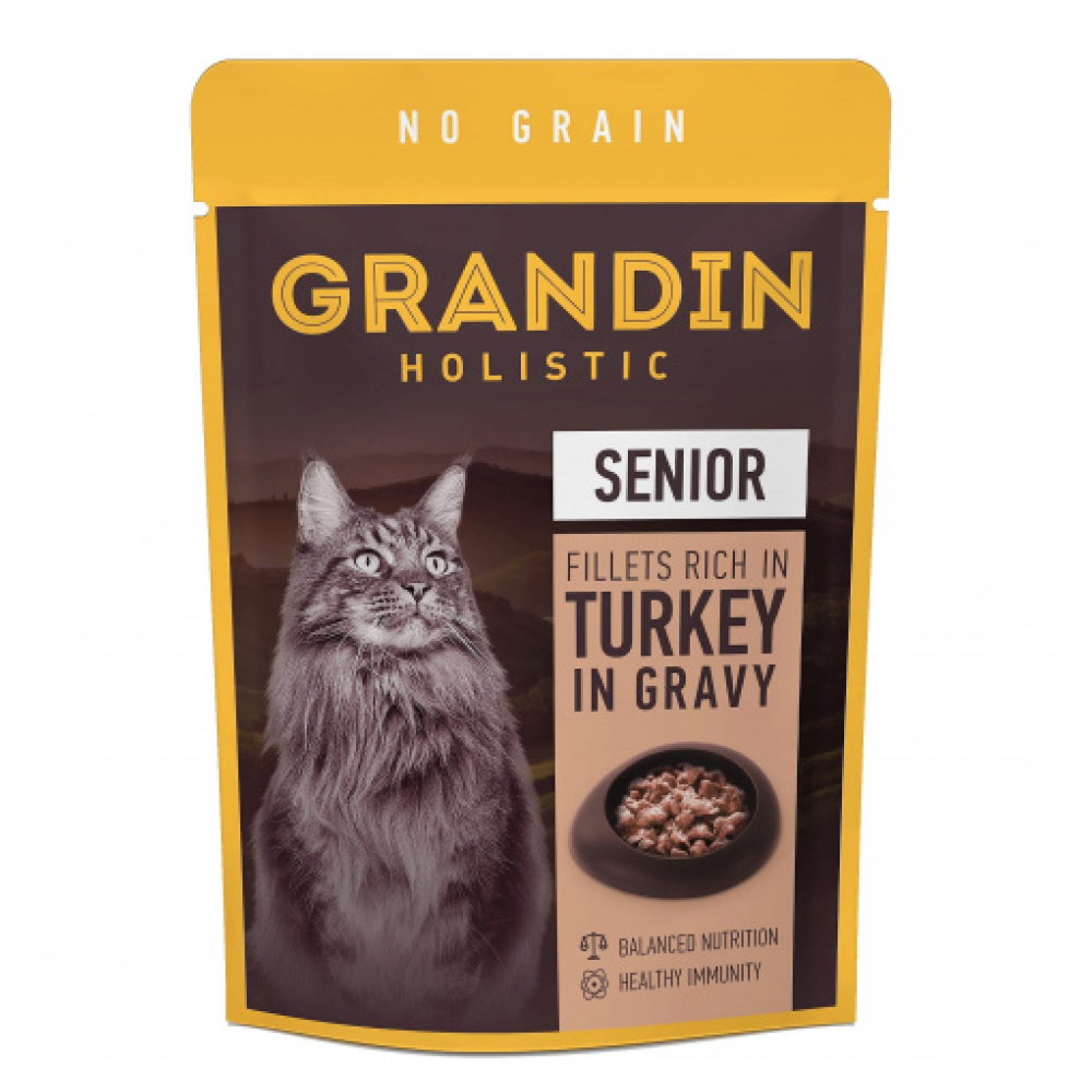 Grandin Влажный корм для кошек старше 7 лет, кусочки с индейкой в соусе без злаков, 85 гр.