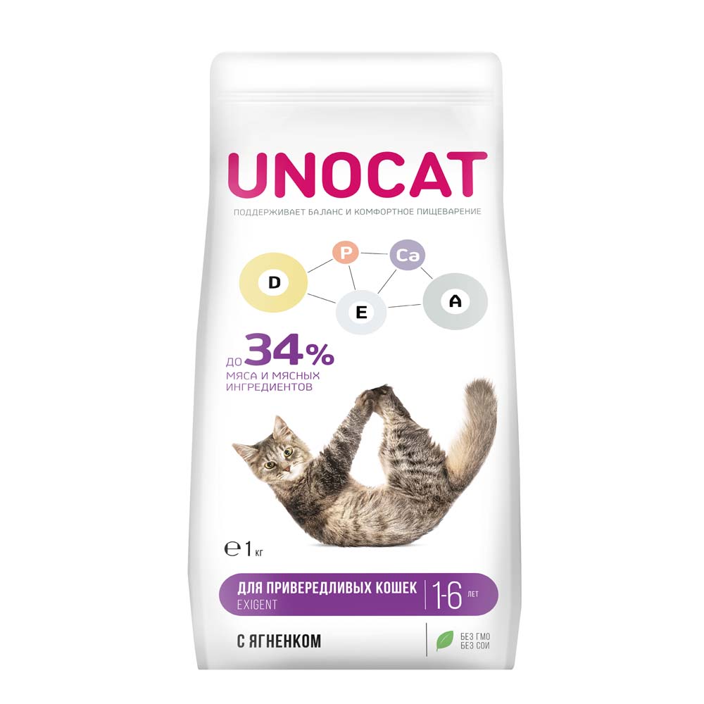 UnoCat Корм сухой для взрослых привередливых кошек с ягненком, 1 кг