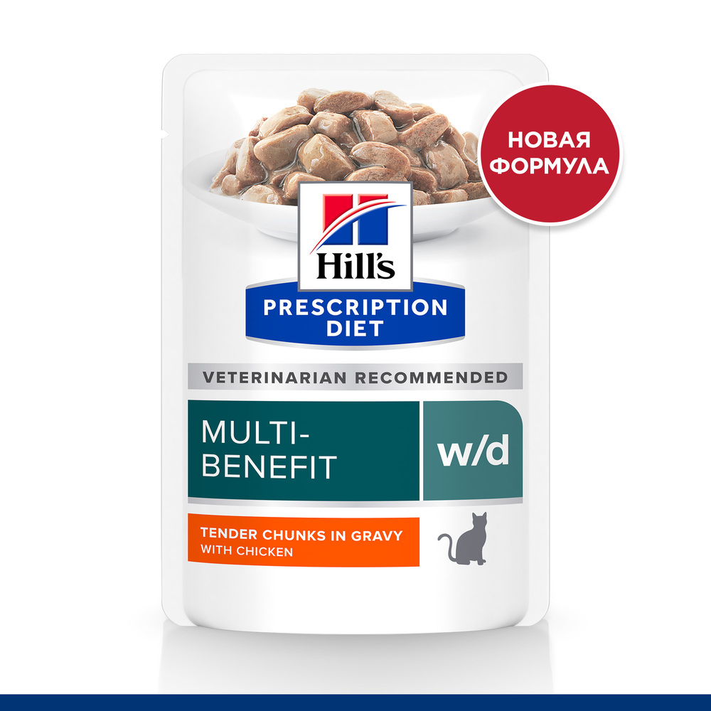 Hill's Prescription Diet w/d Влажный диетический корм (пауч) для кошек при поддержании веса и сахарном диабете, с курицей, 85 гр.