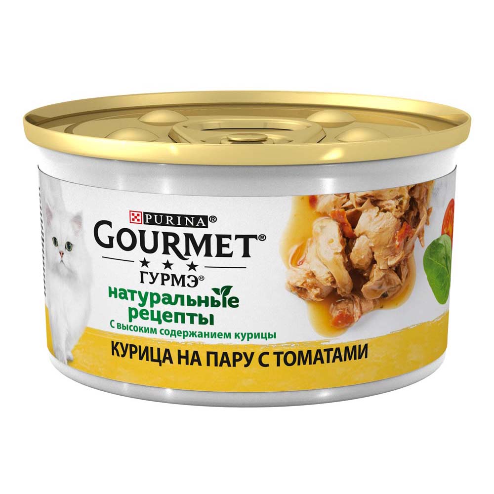 

Gourmet Влажный корм Натуральные рецепты для кошек, с курицей на пару и томатами, 85 г