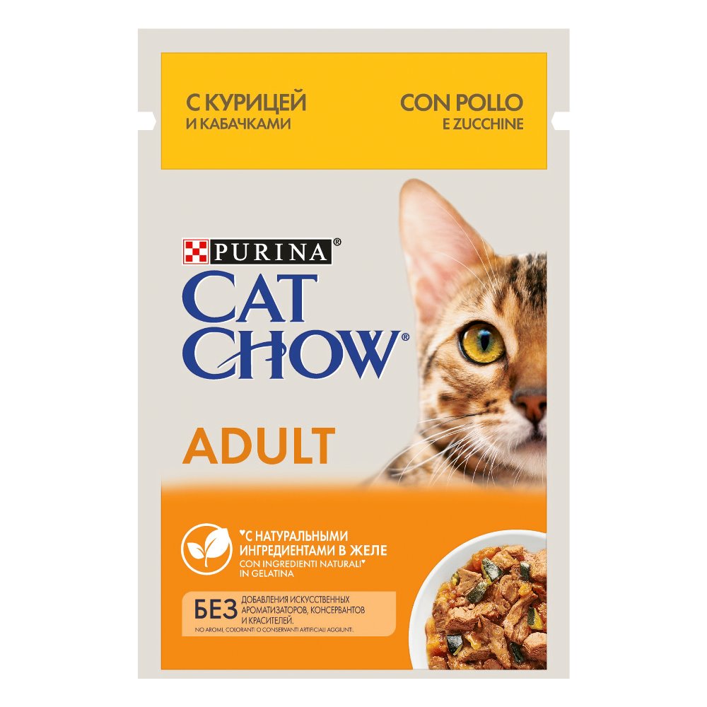 Cat Chow Влажный корм для взрослых кошек, с курицей и кабачками в желе, 85 г