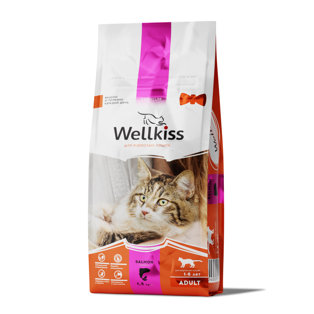 Wellkiss Adult Сухой корм для взрослых кошек, с лососем, 1,5 кг