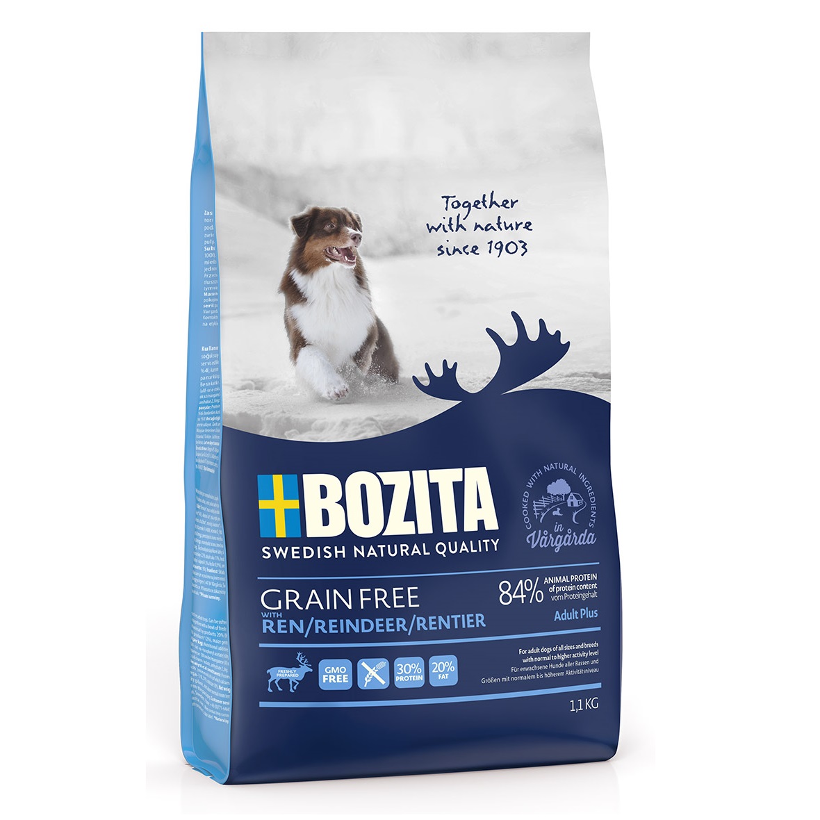 Bozita GRAIN FREE Reindeer сухой беззерновой корм с мясом оленя для взрослых собак с повышенным уровнем активности, 1,1кг