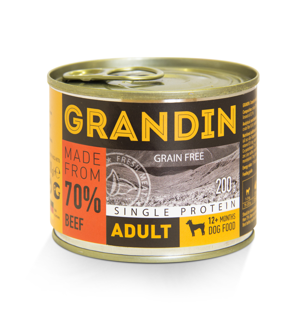 Grandin Adult Влажный корм (консервы) для взрослых собак всех пород, с говядиной и льняным маслом, 400 гр.