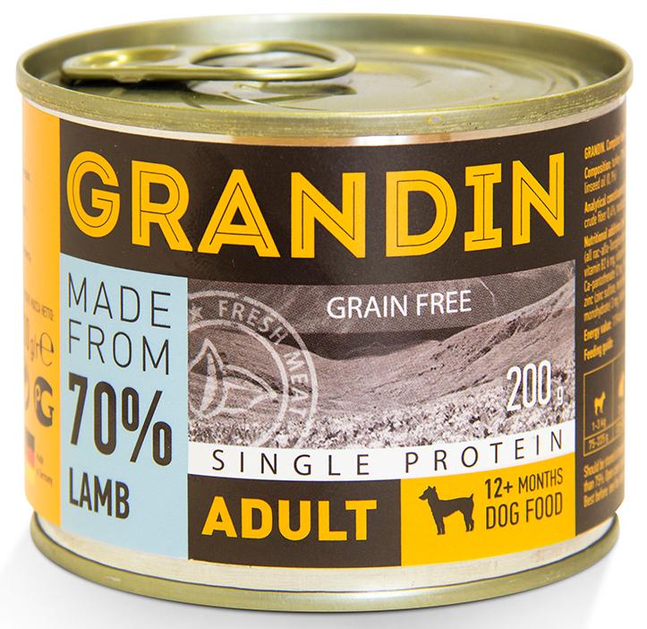 Grandin Влажный корм (консервы) для взрослых собак, с ягненком, 200 гр.