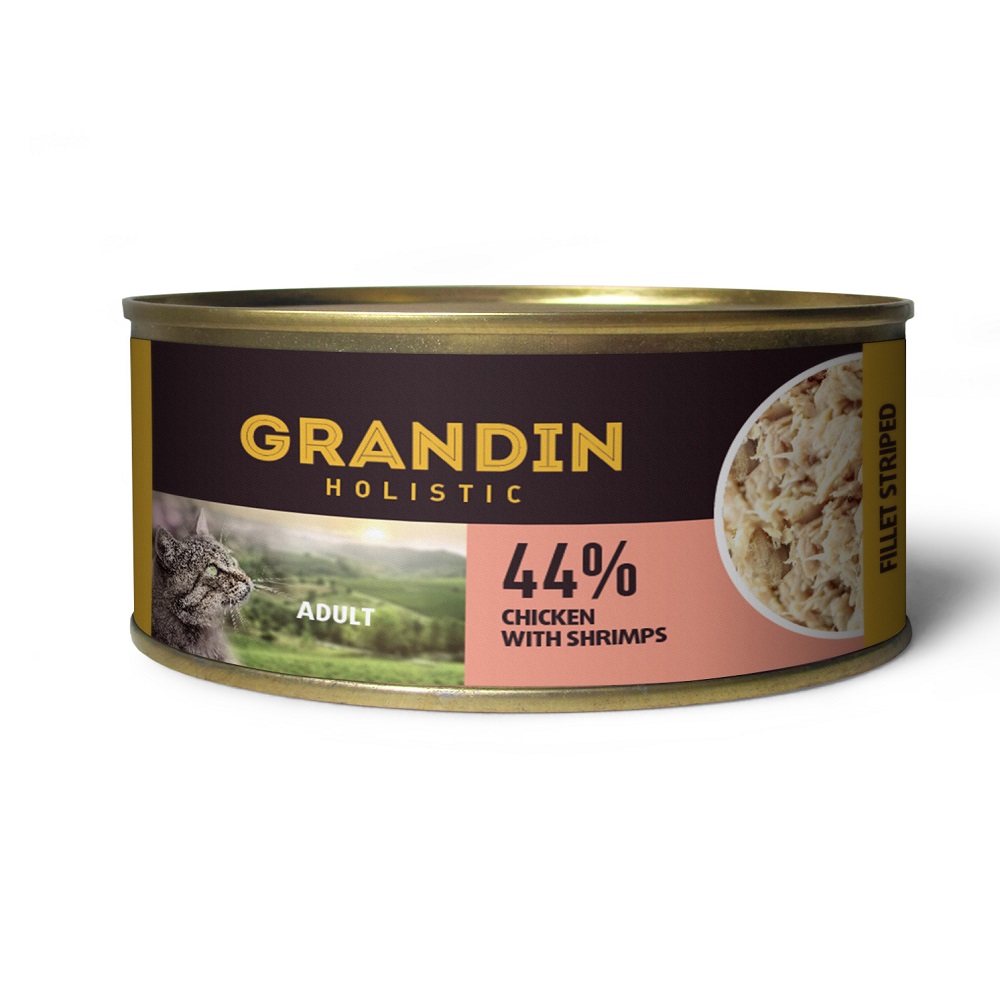Grandin консервированный корм для взрослых кошек, куриное филе с креветками, 70 г