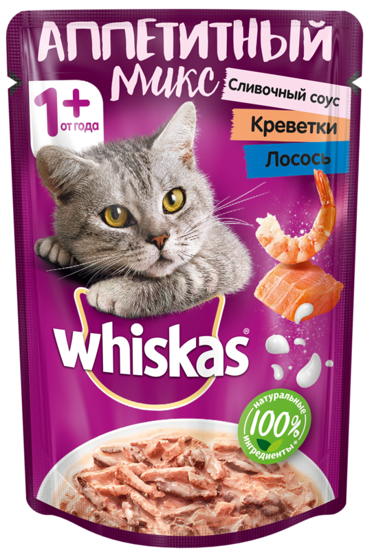 

Whiskas Аппетитный микс влажный корм для кошек, с лососем и креветками в сливочном соусе, 85 г