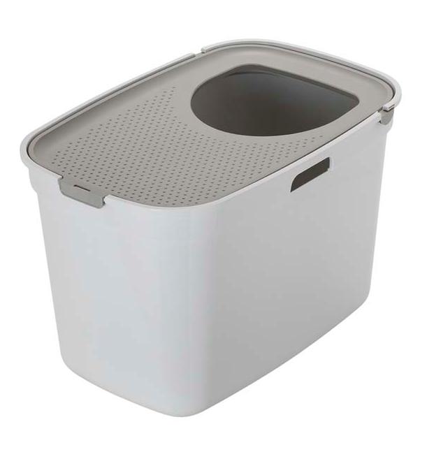 Moderna Туалет-домик для кошек с верхним входом белый с серой крышкой, 59х39х38см