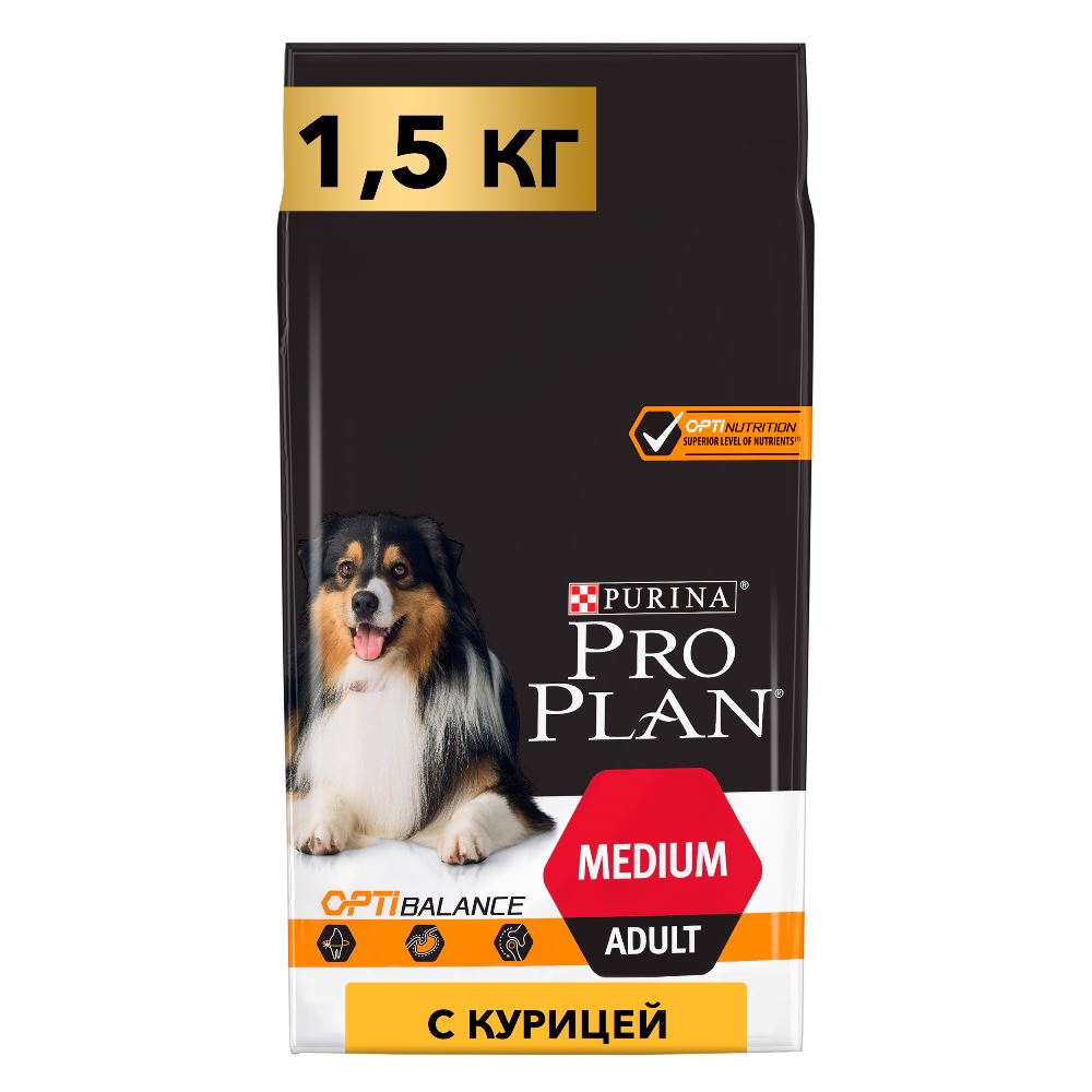 

Pro Plan ® Сухой корм для взрослых собак средних пород, с высоким содержанием курицы, 1,5 кг
