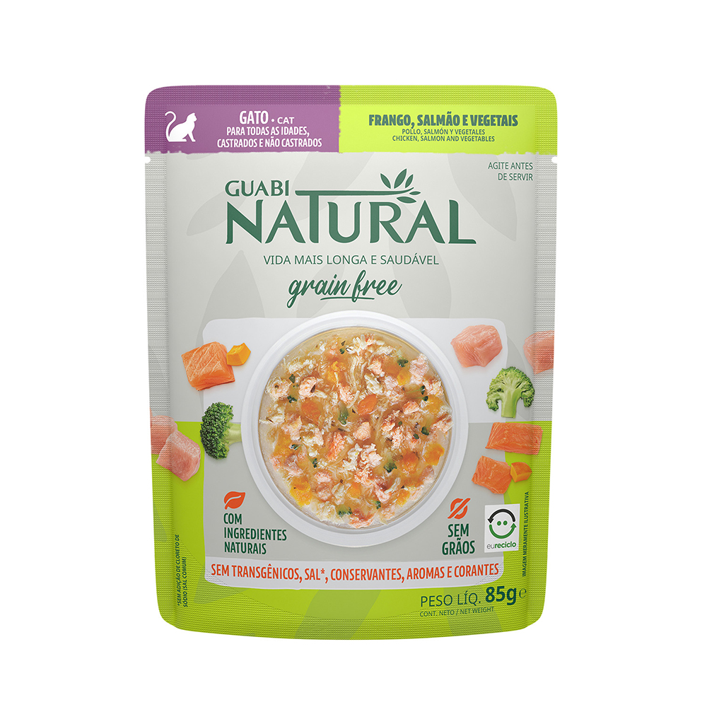 Guabi Natural Natural Cat Влажный корм беззерновой для взрослых кошек с курицей, лососем и овощами, 85 г (пауч)