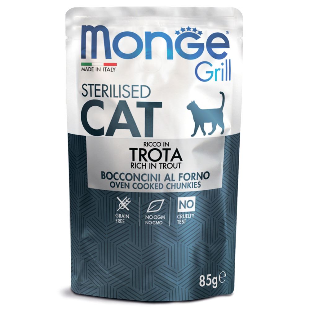 

Monge Cat Grill Pouch влажный корм для стерилизованных кошек, вкус итальянскаяфорель, 85г