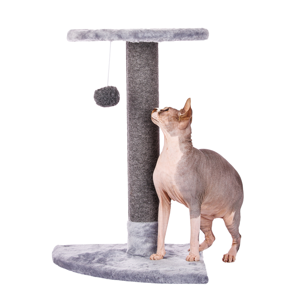 Домоседы Когтеточка-столбик для кошек угловой с полкой, серый, ковролин, 60 см
