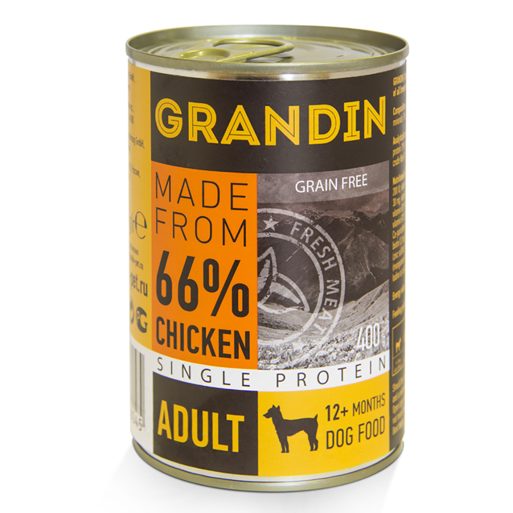 Grandin Adult Влажный корм (консервы) для взрослых собак всех пород, с курицей и льняным маслом, 200 гр. 