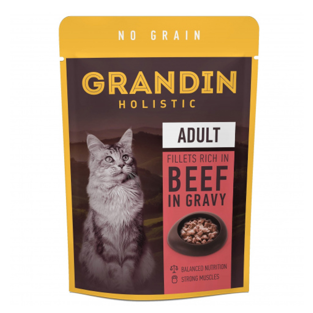 Grandin Влажный корм для взрослых кошек, кусочки с говядиной в соусе без злаков, 85 гр.
